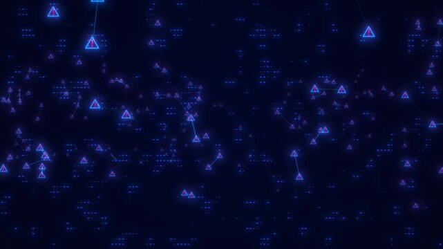 Glowing Digital Cybersecurity Alert Network Background Featuring Blue Neon Warning Triangles With Red Exclamation Marks On A Dark Technical Grid. High-tech Error Message System Showing Multiple System