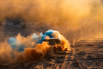 Obraz premium A blue car drifts through a desert sand dune with orange smoke, creating an action shot in a vast, arid landscape.