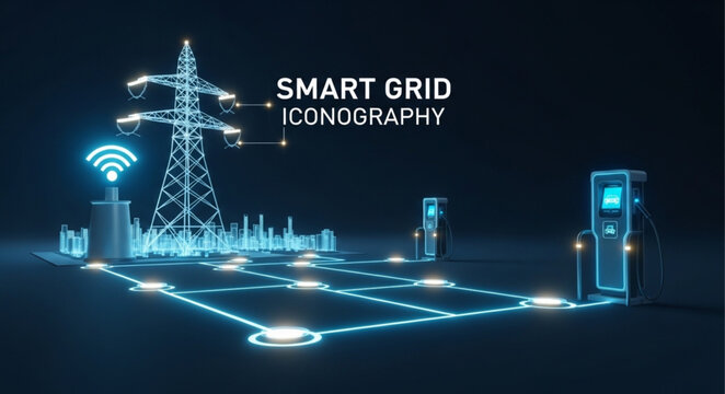 Smart grid iconographic representation of modern energy infrastructure.