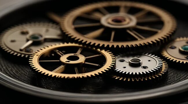Closeup view of intricate clockwork gears with metallic texture and depth