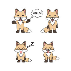 Fototapeta premium Cute cartoon fox character in various sleepy poses with speech bubble on white background