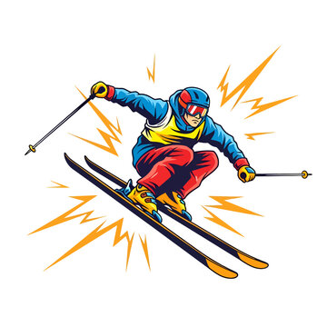 Skier in Dynamic Jump Pose with Yellow Lightning Burst Illustration