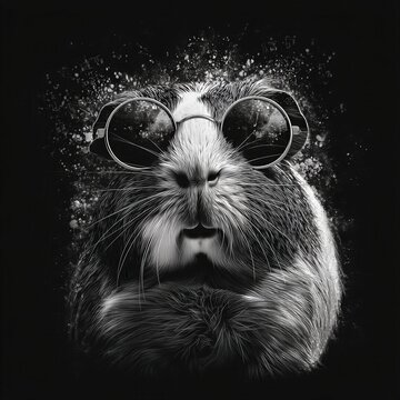 Un retrato en blanco y negro de un cobaya con gafas de sol, con un fondo de part&iacute;culas que sugieren movimiento y energ&iacute;a.