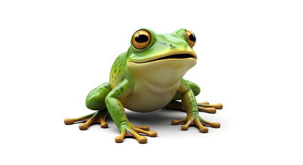 Fototapeta premium Cute cartoon frog with big orange eyes sitting and looking forward, isolated on white background.
