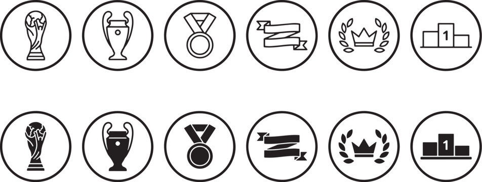 Sports Trophy and Award Circle Icons Set with Cup, Medal, Ribbon, Laurel Wreath, Crown and Podium Symbols in Outline and Solid Style
