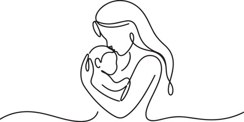 Continuous line art illustration showing a mother holding her baby close to her heart. © Jabed