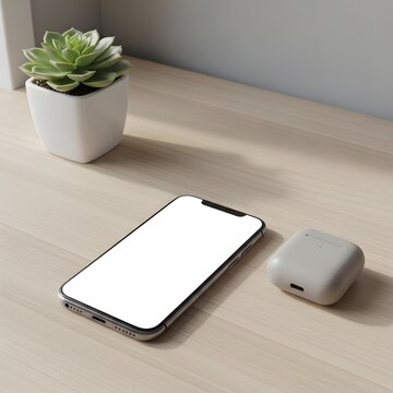 Smartphone with blank screen next to earbuds case and succulent