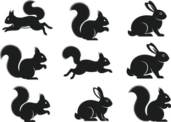 Fototapeta premium Squirrel and Rabbit Silhouette Set Forest Animal Collection Isolated on White Background Wildlife Vector Illustration
