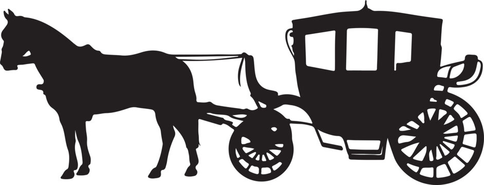 Black and white of horse drawn carriage vintage vector silhouette illustration
