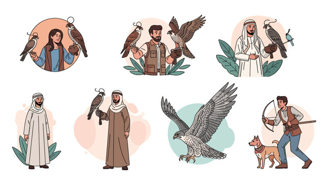 Collection of diverse falconers in traditional and modern clothing training and showing their majestic birds of prey.