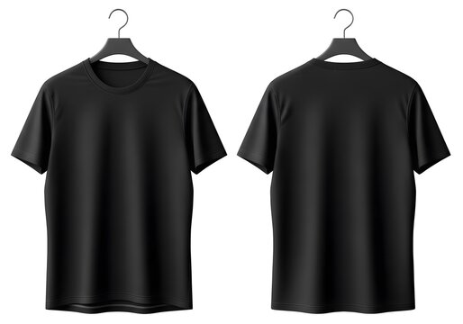 Front and back view of a plain black t-shirt on hangers