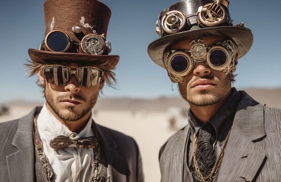 Dos hombres con atuendo steampunk posan en un paisaje des&eacute;rtico.