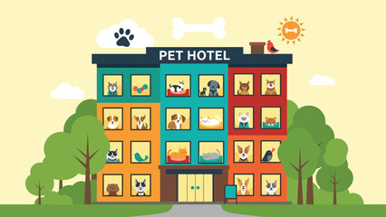 Obraz premium Vibrant multi-story pet hotel building featuring numerous windows with various dogs cats and birds staying in colorful rooms.