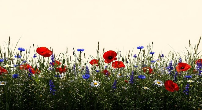 Vibrant wildflower meadow with poppies, cornflowers and daisies