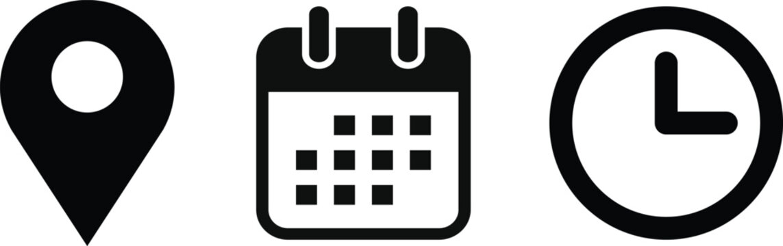 date time location icon set. Event and schedule sign. Time management and destination icons. Calendar icon symbol. clock sign
