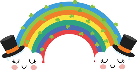 Obraz premium Cartoon rainbow with leprechauns and shamrocks