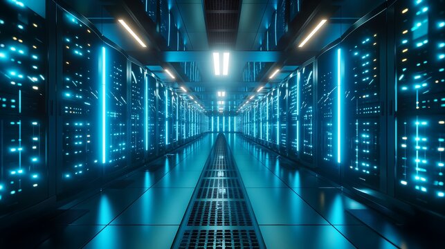 Illuminated data center corridor with blue lighting and server racks