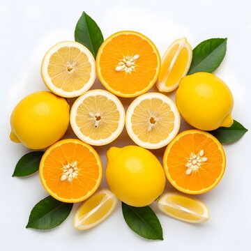 Fresh Oranges and Lemons with Leaves, Top View, Isolated on White