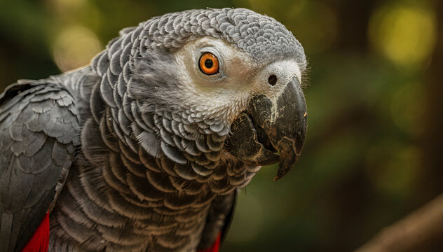 Intimate close-up portrait of a thoughtful African parrot, showcasing its intricate plumage and intelligent orange eye against a soft, natural background