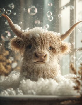 Una adorable vaquilla Highland disfrutando de un ba&ntilde;o de espuma relajante.