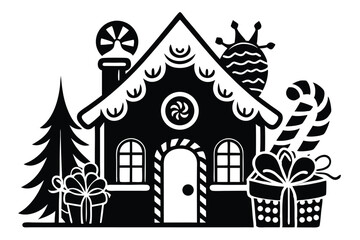 Fototapeta premium christmas gingerbread house silhouette line art vector illustration