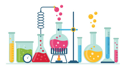 Colorful laboratory equipment with various flasks and test tubes on a table in a science lab