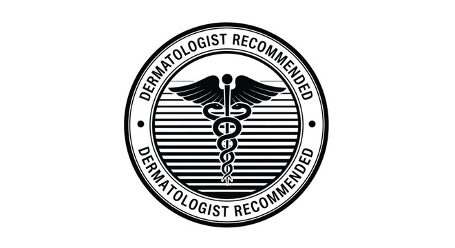 A dermatologist recommended vector graphic illustration badge featuring a Caduceus symbol for product packaging and medical branding design.