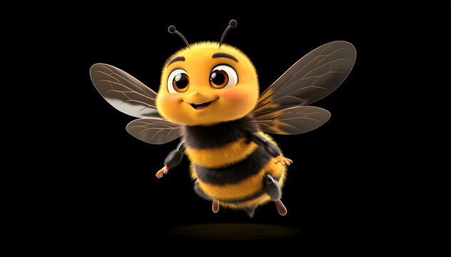 Charming fuzzy cartoon bee with bright eyes and a sweet smile, cheerfully flying forward, captured against a clean, deep black background with soft lighting