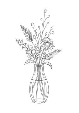 Line art illustration of daisy flowers in a glass vase on white background