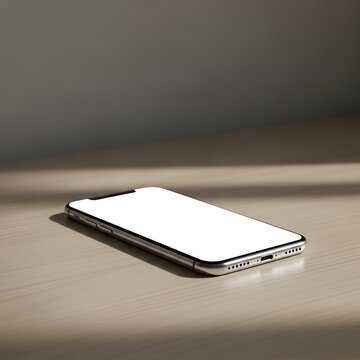 Smartphone with blank screen on wooden table, mockup for app presentation