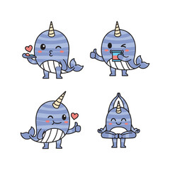 Cute cartoon narwhals showing emotions and gestures in various poses © Shajan Set Stock