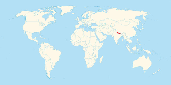 Nepal location highlighted in red on a professional world map showing the south asian region