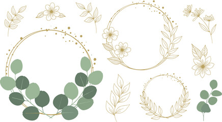 Elegant botanical wreath collection with eucalyptus leaves and golden floral frames isolated on white background for wedding invitations and greeting cards. © Rubel