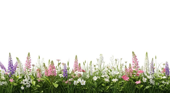 Wildflowers and green grass border on white background, isolated