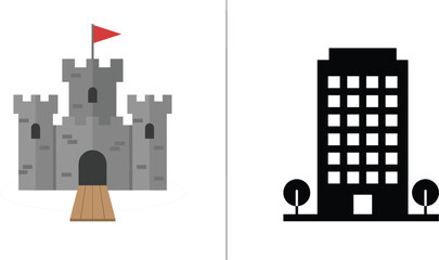 Medieval Castle and Modern Office Building Split Screen Architecture Comparison Vector Illustration © Mohammad