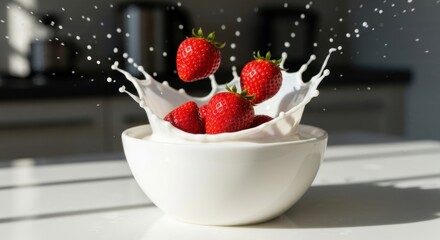 Strawberries falling into milk, creating a splash in a white bowl