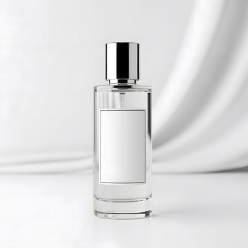 Minimalist perfume bottle with blank label and elegant drape background