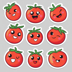 Set of cute tomato characters with various facial expressions, funny red vegetable stickers for kids and stationery, kawaii style