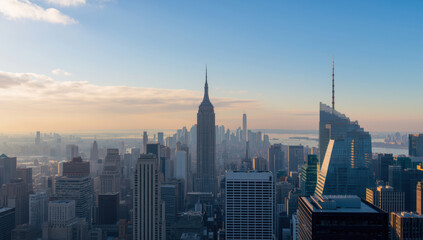 Naklejka premium Sunrise city skyline with iconic midtown skyscraper silhouette and soft pastel sky