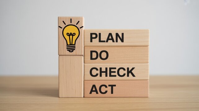 PDCA Cycle Concept with Wooden Blocks Labelled Plan Do Check Act and Lightbulb Icon