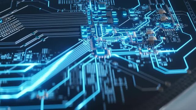 Detailed Electronic Circuit Illustration. Closeup Of Circuitry Showing Active Transmission Paths