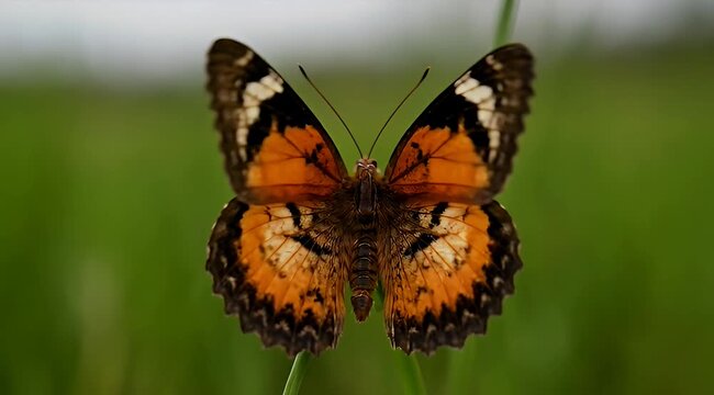 Closeup view of a beautiful Lacewing Butterfly with intricate patterns on wings