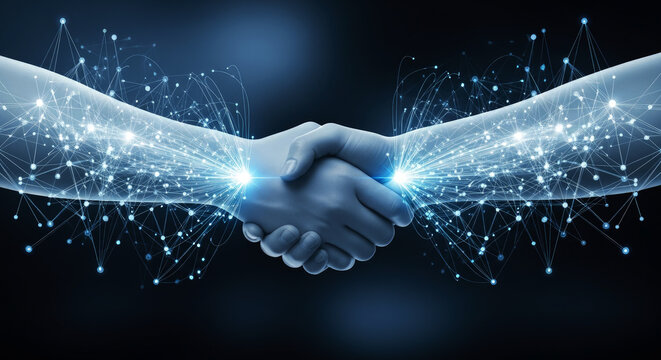 Handshake of partnership and connection in a digital age