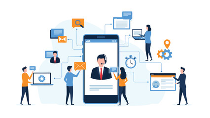 Customer support representative assistant helping diverse people via mobile phone application with online chat and email.