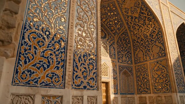 Ornate persian architectural courtyard with intricate blue tilework and pointed arches