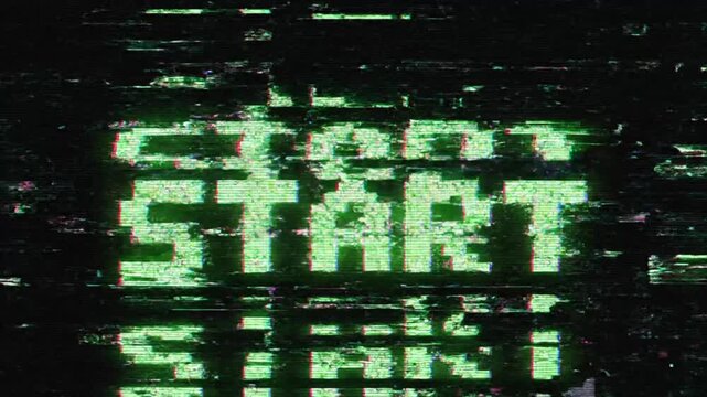 Retro "START" Text on Glitchy Black Screen.