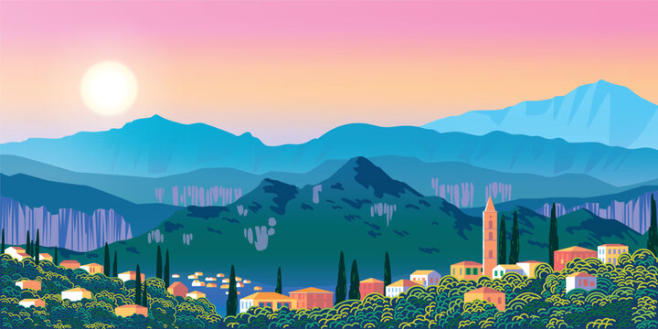 Romantic Mediterranean scenic sunset panorama with an ancient town, traditional houses, a bell tower, cypress trees and mountains in the background. Handmade drawing vector illustration. Flat design.