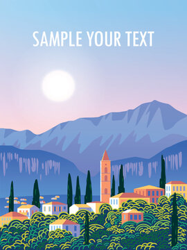 Romantic Mediterranean rural landscape with an ancient town, traditional houses, a bell tower, cypress trees and mountains in the background. Handmade drawing vector illustration. Flat design.