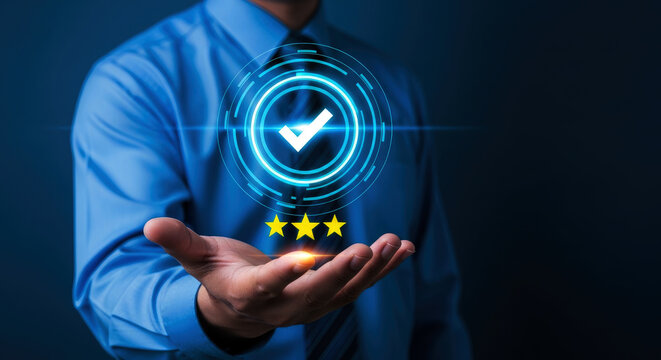 Businessman presenting a glowing verification badge with star ratings