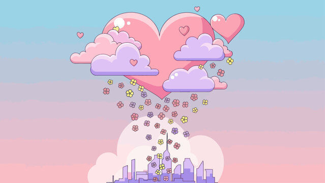 Love heart raining flowers over a pastel city skyline.